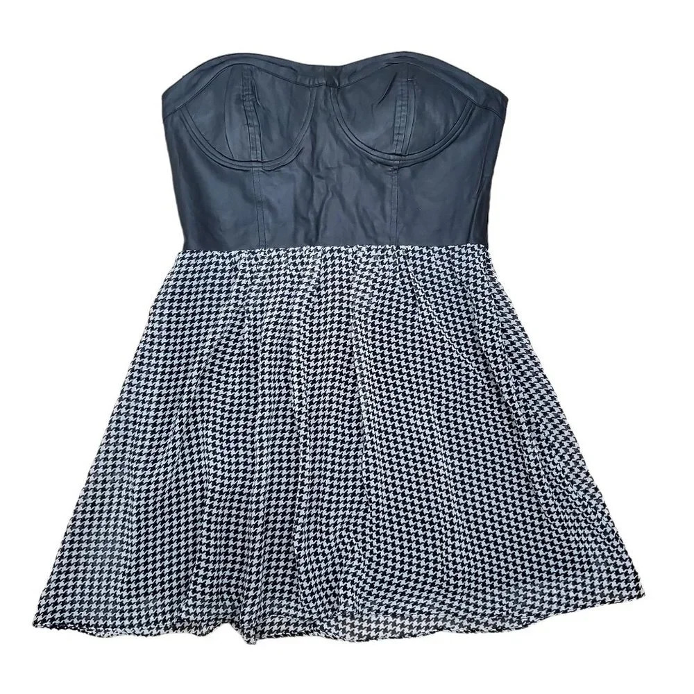 Do & Be Women's Black Faux Leather‎ Bustier Houndstooth Strapless Dress Size L